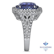 Load image into Gallery viewer, 4.33ct Radiant Cut Blue Sapphire Ring with Sapphire and Diamond Halos in 18K White Gold