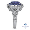 4.33ct Radiant Cut Blue Sapphire Ring with Sapphire and Diamond Halos in 18K White Gold