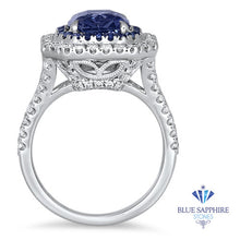 Load image into Gallery viewer, 4.33ct Radiant Cut Blue Sapphire Ring with Sapphire and Diamond Halos in 18K White Gold