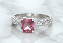 Load image into Gallery viewer, 1.80ct Radiant Pink Sapphire Ring with Diamond Accents in 18K White Gold