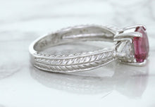 Load image into Gallery viewer, 1.80ct Radiant Pink Sapphire Ring with Diamond Accents in 18K White Gold