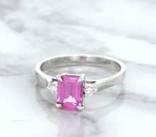 Load image into Gallery viewer, 1.21ct Emerald Pink Sapphire Ring with Diamond Accents in 18K White Gold