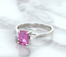 Load image into Gallery viewer, 1.21ct Emerald Pink Sapphire Ring with Diamond Accents in 18K White Gold