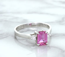 Load image into Gallery viewer, 1.21ct Emerald Pink Sapphire Ring with Diamond Accents in 18K White Gold