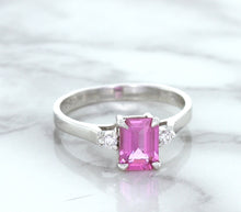 Load image into Gallery viewer, 1.21ct Emerald Pink Sapphire Ring with Diamond Accents in 18K White Gold