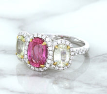 Load image into Gallery viewer, Multicolor Sapphire Ring with Diamond Halo in 18K White Gold