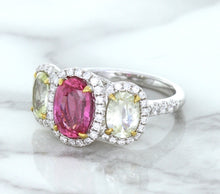 Load image into Gallery viewer, Multicolor Sapphire Ring with Diamond Halo in 18K White Gold