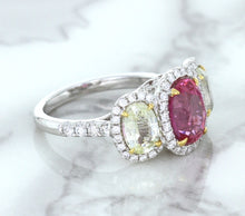 Load image into Gallery viewer, Multicolor Sapphire Ring with Diamond Halo in 18K White Gold