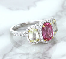 Load image into Gallery viewer, Multicolor Sapphire Ring with Diamond Halo in 18K White Gold