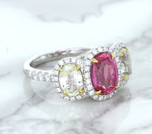 Load image into Gallery viewer, Multicolor Sapphire Ring with Diamond Halo in 18K White Gold