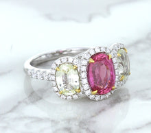 Load image into Gallery viewer, Multicolor Sapphire Ring with Diamond Halo in 18K White Gold