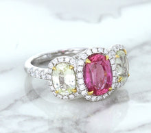 Load image into Gallery viewer, Multicolor Sapphire Ring with Diamond Halo in 18K White Gold