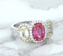 Load image into Gallery viewer, Multicolor Sapphire Ring with Diamond Halo in 18K White Gold