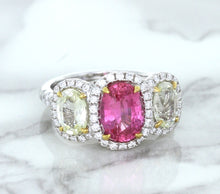 Load image into Gallery viewer, Multicolor Sapphire Ring with Diamond Halo in 18K White Gold