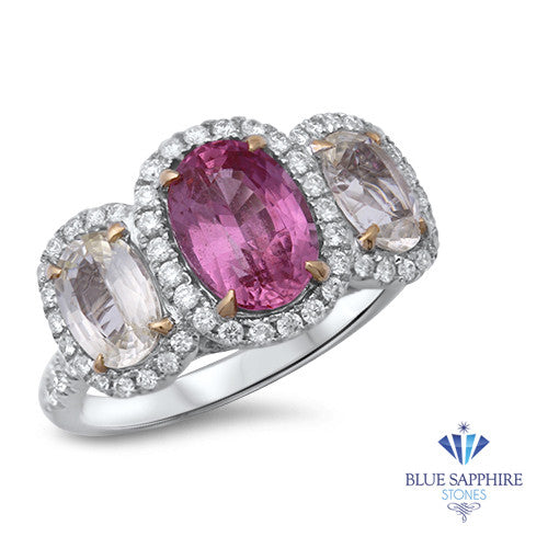 Multicolor Sapphire Ring with Diamond Halo in 18K White Gold