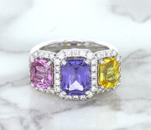 Load image into Gallery viewer, Multicolor Sapphire Ring with Diamond Halo in 18K White Gold