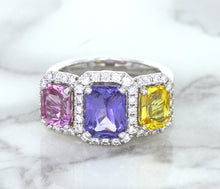 Load image into Gallery viewer, Multicolor Sapphire Ring with Diamond Halo in 18K White Gold
