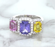 Load image into Gallery viewer, Multicolor Sapphire Ring with Diamond Halo in 18K White Gold