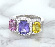 Load image into Gallery viewer, Multicolor Sapphire Ring with Diamond Halo in 18K White Gold