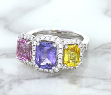 Load image into Gallery viewer, Multicolor Sapphire Ring with Diamond Halo in 18K White Gold