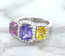 Load image into Gallery viewer, Multicolor Sapphire Ring with Diamond Halo in 18K White Gold