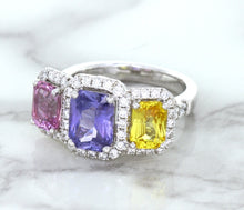 Load image into Gallery viewer, Multicolor Sapphire Ring with Diamond Halo in 18K White Gold