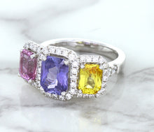 Load image into Gallery viewer, Multicolor Sapphire Ring with Diamond Halo in 18K White Gold