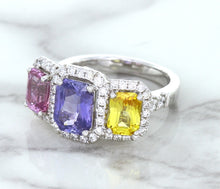 Load image into Gallery viewer, Multicolor Sapphire Ring with Diamond Halo in 18K White Gold