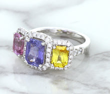 Load image into Gallery viewer, Multicolor Sapphire Ring with Diamond Halo in 18K White Gold