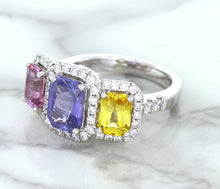 Load image into Gallery viewer, Multicolor Sapphire Ring with Diamond Halo in 18K White Gold