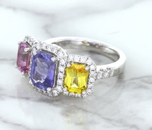 Load image into Gallery viewer, Multicolor Sapphire Ring with Diamond Halo in 18K White Gold