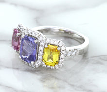 Load image into Gallery viewer, Multicolor Sapphire Ring with Diamond Halo in 18K White Gold