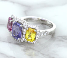 Load image into Gallery viewer, Multicolor Sapphire Ring with Diamond Halo in 18K White Gold