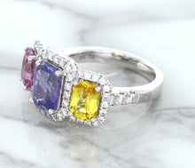 Load image into Gallery viewer, Multicolor Sapphire Ring with Diamond Halo in 18K White Gold