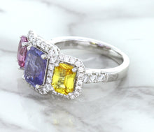 Load image into Gallery viewer, Multicolor Sapphire Ring with Diamond Halo in 18K White Gold