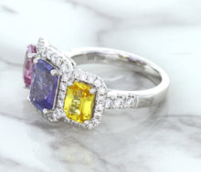 Load image into Gallery viewer, Multicolor Sapphire Ring with Diamond Halo in 18K White Gold