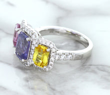 Load image into Gallery viewer, Multicolor Sapphire Ring with Diamond Halo in 18K White Gold