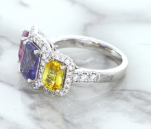 Load image into Gallery viewer, Multicolor Sapphire Ring with Diamond Halo in 18K White Gold