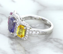 Load image into Gallery viewer, Multicolor Sapphire Ring with Diamond Halo in 18K White Gold