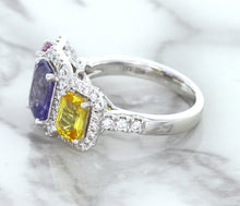 Load image into Gallery viewer, Multicolor Sapphire Ring with Diamond Halo in 18K White Gold