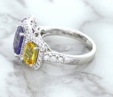 Load image into Gallery viewer, Multicolor Sapphire Ring with Diamond Halo in 18K White Gold