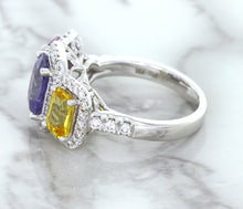 Load image into Gallery viewer, Multicolor Sapphire Ring with Diamond Halo in 18K White Gold