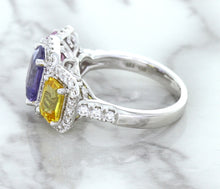 Load image into Gallery viewer, Multicolor Sapphire Ring with Diamond Halo in 18K White Gold