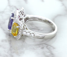 Load image into Gallery viewer, Multicolor Sapphire Ring with Diamond Halo in 18K White Gold
