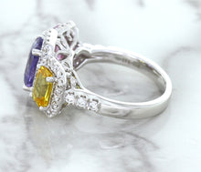 Load image into Gallery viewer, Multicolor Sapphire Ring with Diamond Halo in 18K White Gold