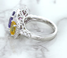 Load image into Gallery viewer, Multicolor Sapphire Ring with Diamond Halo in 18K White Gold