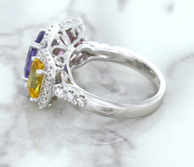 Load image into Gallery viewer, Multicolor Sapphire Ring with Diamond Halo in 18K White Gold