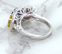 Load image into Gallery viewer, Multicolor Sapphire Ring with Diamond Halo in 18K White Gold