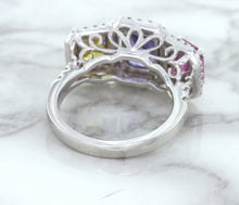Load image into Gallery viewer, Multicolor Sapphire Ring with Diamond Halo in 18K White Gold