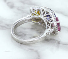 Load image into Gallery viewer, Multicolor Sapphire Ring with Diamond Halo in 18K White Gold